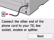 Bildschirm Einfache Einrichtung: Anderes Ende des Telefonkabels mit Telefonsteckdose, Modem oder Splitter verbinden.