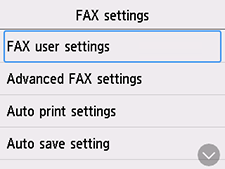 Bildschirm Faxeinstellungen: FAX-Benutzereinstellungen auswählen