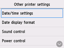 Other printer settings screen: Select Date/time settings