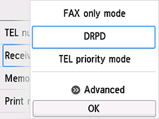 Receive mode settings screen: Select DRPD