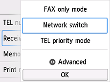 Bildschirm Empfangsmod.-Einstellungen: Auswahl von Network Switch