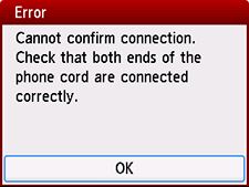 Fehlerbildschirm: Verbindung kann nicht bestätigt werden. Prüfen Sie, ob beide Enden des Telefonkabels korrekt verbunden sind.