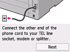 Pantalla Configuración fácil: Conecte el otro extremo del cable telefónico al conector de línea TEL, al módem o al divisor.