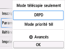 Écran Paramètres mode réception : Sélectionnez DRPD