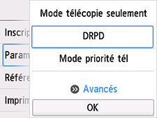 Écran Paramètres mode réception : Sélection de Avancés