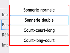 Écran des paramètres de sonnerie télécopie