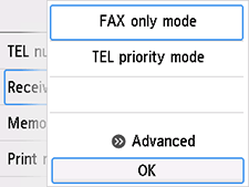 Receive mode settings screen: Select OK