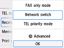 Receive mode settings screen: Select OK