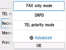 Receive mode settings screen: Select Advanced