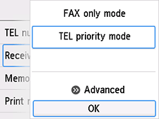 Receive mode settings screen: Select OK