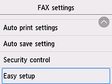 Tela Configurações FAX: Selecione Configuração fácil