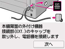 かんたんセットアップ画面：本機背面の外付け機器接続部(EXT.)のキャップを取り外し、電話機を接続します