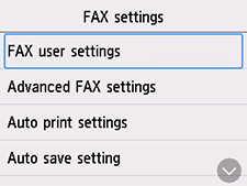 FAX settings screen: Select FAX user settings