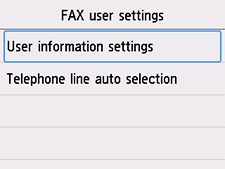 FAX user settings screen: Select User information settings