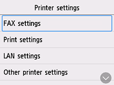 Printer settings screen: Select FAX settings