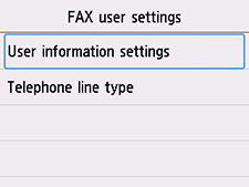 FAX user settings screen: Select User information settings