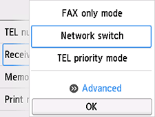 Receive mode settings screen: Select Advanced