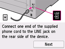 Obrazovka Jednoduché nastavenie: pripojenie jedného konca dodaného telefónneho kábla ku konektoru LINE na zadnej strane zariadenia.