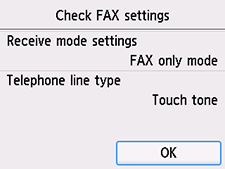 Obrazovka Jednoduché nastavenie: kontrola nastavení faxu