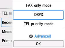 Receive mode settings screen: Select Advanced