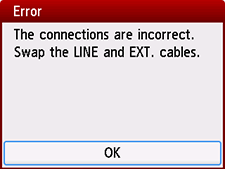 錯誤螢幕：[連接不正確。交換LINE和EXT.電纜線。]