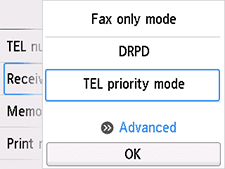 Pantalla Config. modo recepción: Seleccione Avanzada