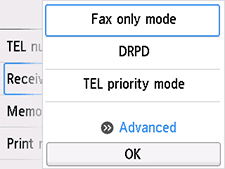 Pantalla Config. modo recepción: Seleccione Avanzada