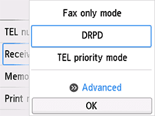 Pantalla Config. modo recepción: Seleccione Avanzada