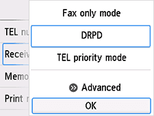 Pantalla Config. modo recepción: Seleccione OK