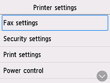 Printer settings screen: Select Fax settings