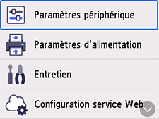 Écran Paramètres&nbsp;: Sélection de Paramètres imprimante