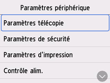 Écran Paramètres imprimante&nbsp;: Sélection de Paramètres télécopie