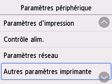 Écran Paramètres d'impression&nbsp;: Sélection de Autres paramètres périphérique