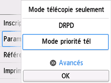 Écran Paramètres mode réception&nbsp;: Sélection de Avancés