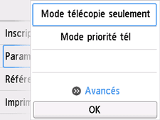 Écran Paramètres mode réception&nbsp;: Sélection de Avancés