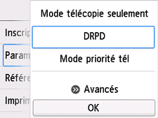 Écran Paramètres mode réception&nbsp;: Sélectionnez DRPD