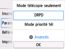 Écran Paramètres mode réception&nbsp;: Sélection de Avancés