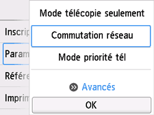 Écran Paramètres mode réception&nbsp;: Sélection de Avancés