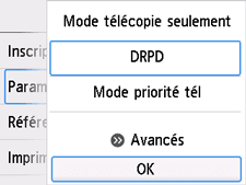 Écran Paramètres mode réception&nbsp;: Sélectionnez OK