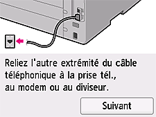 Écran Configuration facile&nbsp;: Reliez l'autre extrémité du câble téléphonique à la prise tél., au modem ou au diviseur..