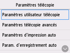 Écran Paramètres télécopie&nbsp;: Sélection de Paramètres utilisateur télécopie