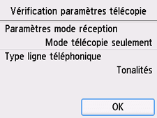 Écran Configuration facile&nbsp;: Vérification paramètres de la télécopie
