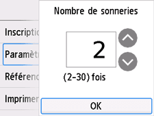 Écran des paramètres Nombre de sonneries