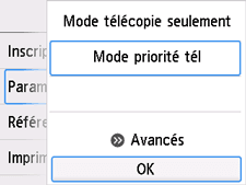 Écran Paramètres mode réception&nbsp;: Sélectionnez OK