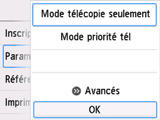 Écran Paramètres mode réception&nbsp;: Sélectionnez OK