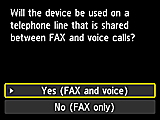 شاشة الإعداد السهل: تحديد Yes (‏FAX and voice)‏‎