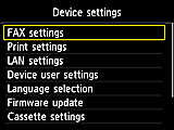 Device settings screen: Select FAX settings
