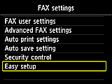 FAX settings screen: Select Easy setup