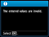 Warning screen: The entered values are invalid.