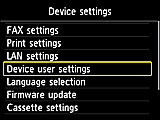 Device settings screen: Select Device user settings